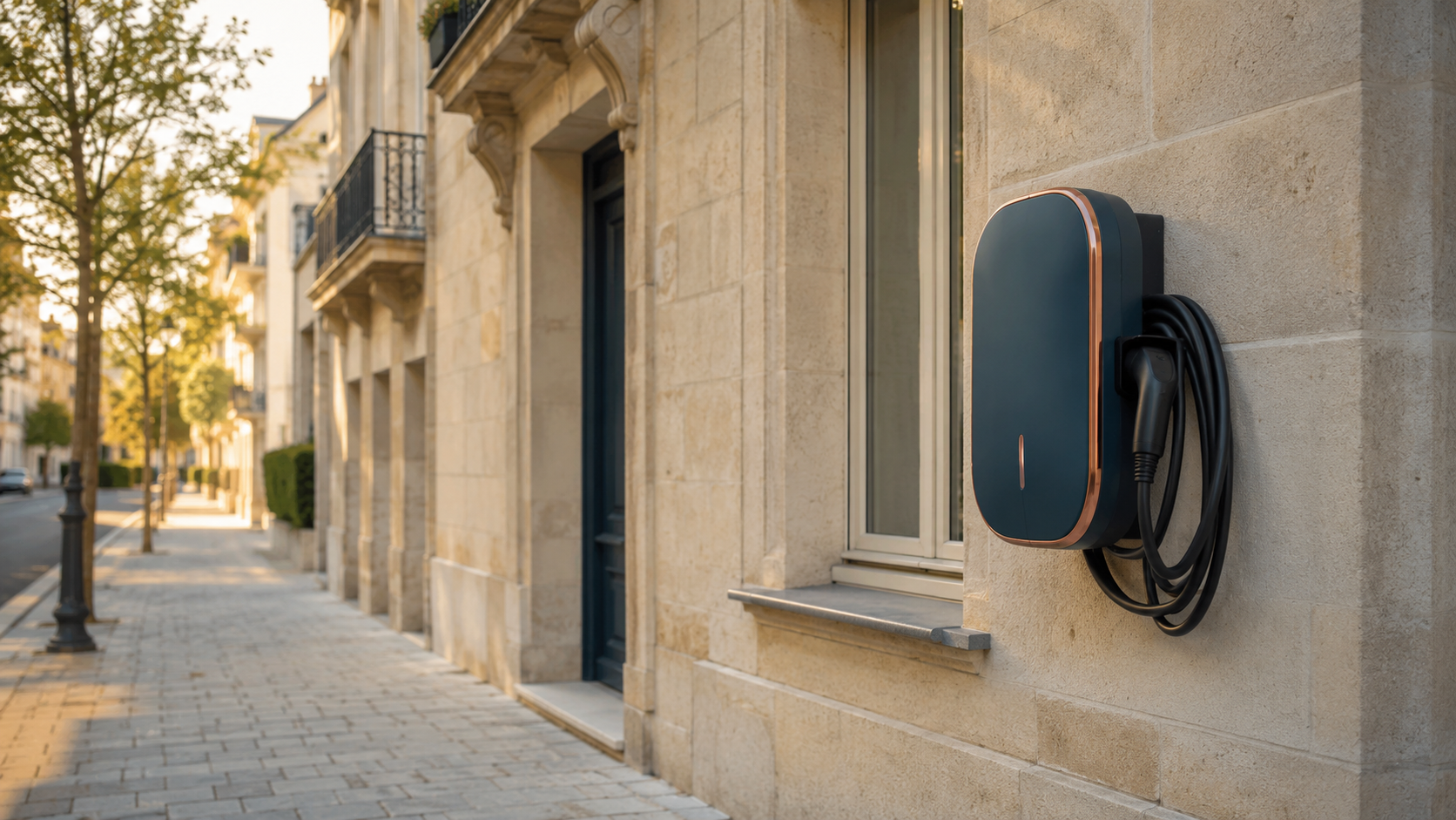 Borne de recharge murale pour véhicule électrique de couleur bleu-nuit avec accents cuivre-ambre, installée sur un mur en pierre claire d'un immeuble résidentiel d'Île-de-France, câble de recharge enroulé.