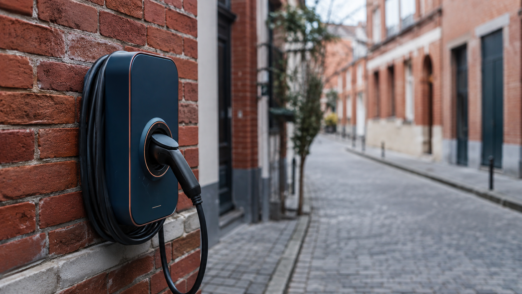 Borne de recharge bleu-nuit à accents cuivre-ambre installée sur un mur en brique rouge typique du Nord de la France, contexte urbain générique.