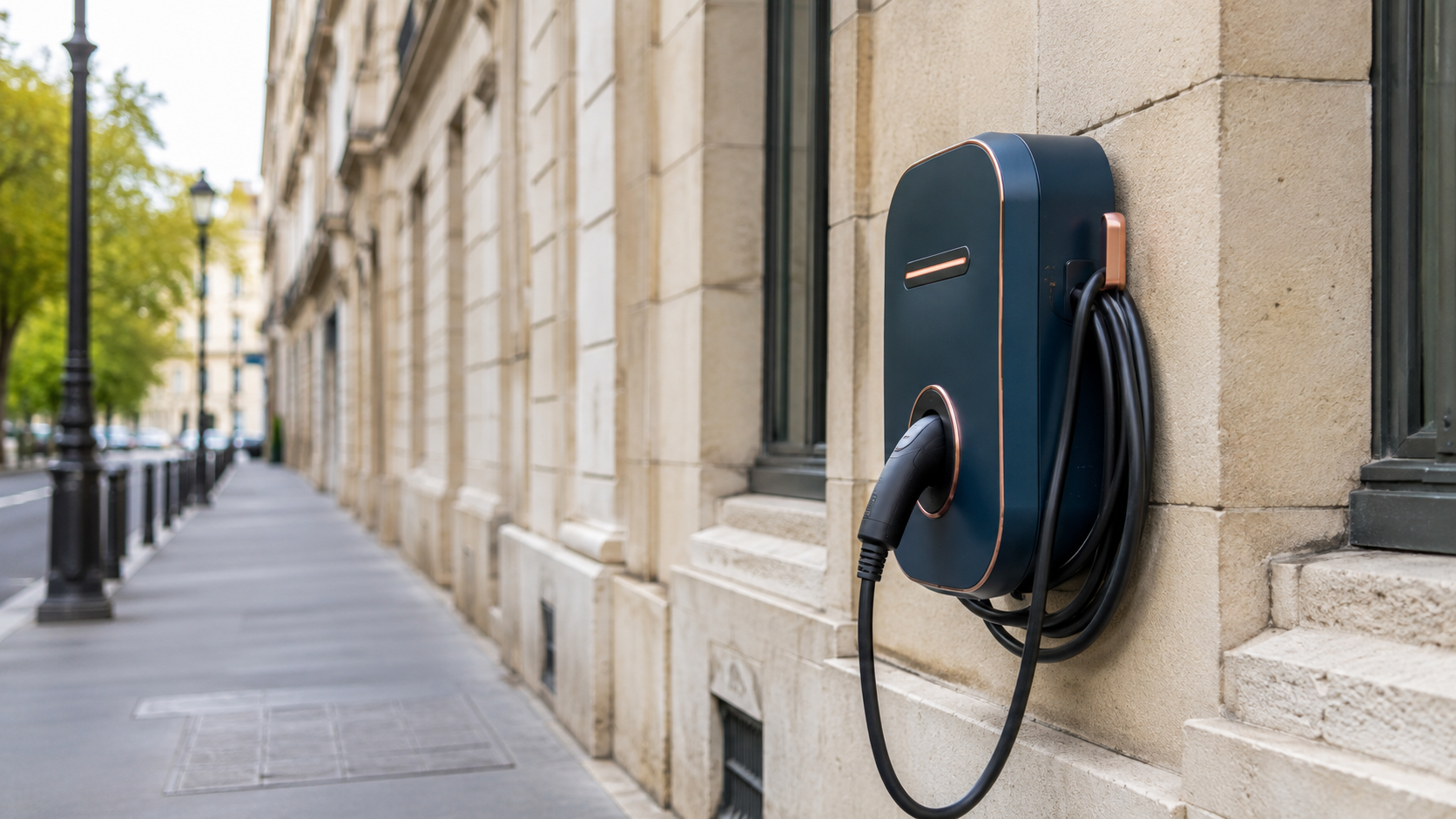 Borne de recharge bleu-nuit à accents cuivre-ambre installée sur un mur en pierre de taille claire, contexte urbain parisien générique, trottoir large en bitume clair.